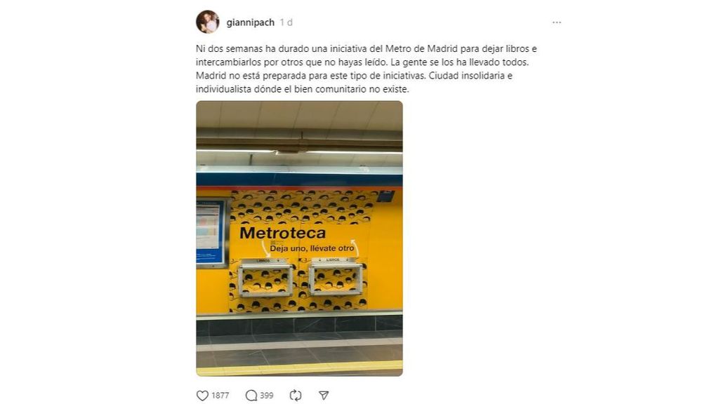 Un usuario denuncia en 'threads' el mal uso de las metrotecas por parte de algunos usuarios