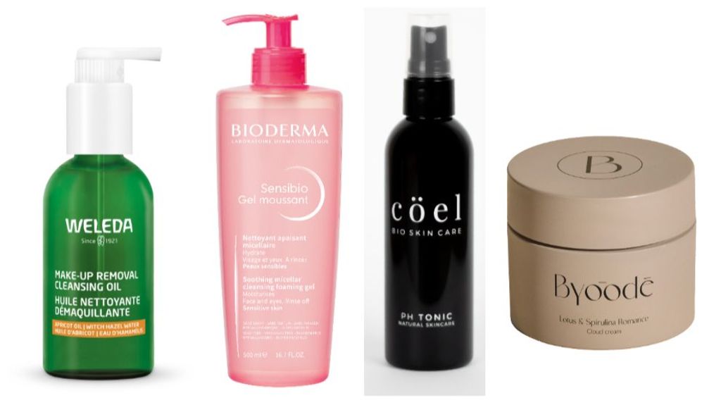 cosméticos para después del gimnasio  Aceite desmaquillante de Weleda, Sensibio, limpiador micelar de Bioderma, pH Tonic, de Cöel Cosmetics y crema hidratante Lotus & Spirulina Romance, de Byoode