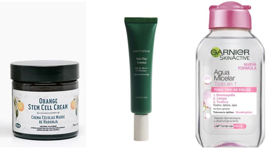 Rutina para ir al gimnasio: crema hidratante con células madre de naranja de Mi Rebotica, protector solar Skin Tint Essence, de Boutijour y Skin Active, agua micelar, de Garnier