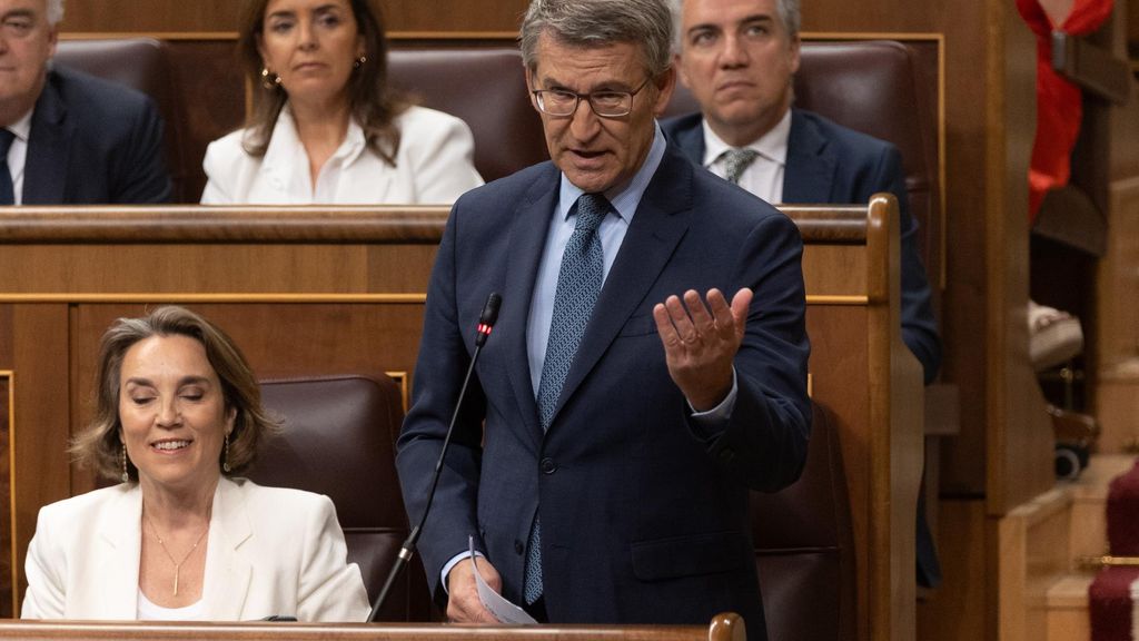 El presidente del PP, Alberto Núñez Feijóo, interviene durante una sesión de control, en el Congreso de los Diputados, a 12 de junio de 2024, en Madrid (España). Durante el pleno del Congreso,  el líder del PP y el máximo dirigente de Vox han pedido al pr