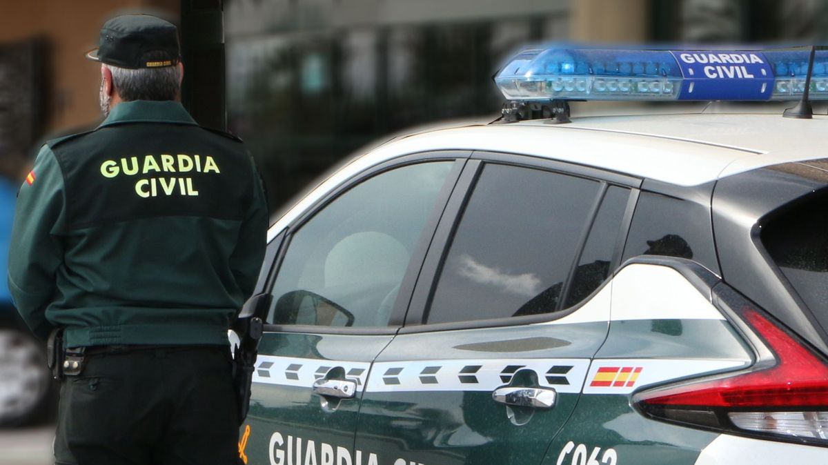 Un agente de la Guardia Civil, de espaldas, de pie junto a un vehículo oficial.