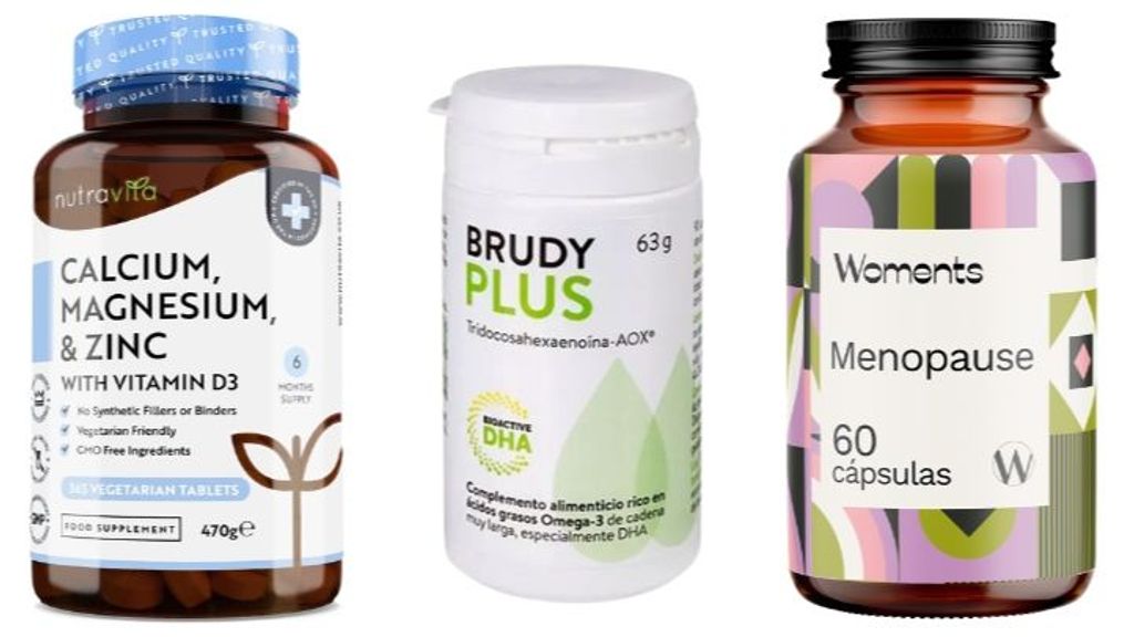 De izda. a dcha.: Complemento de calcio 800mg, magnesio 360mg, Zinc y Vit D, de Naturitas. Complemento alimenticio Brudyplus, rico en ácidos grasos Omega 3, de Brudylab. Complemento alimenticio ‘Menopause’ a base de Vitamina D3 y otros extractos vegetales, de Woments