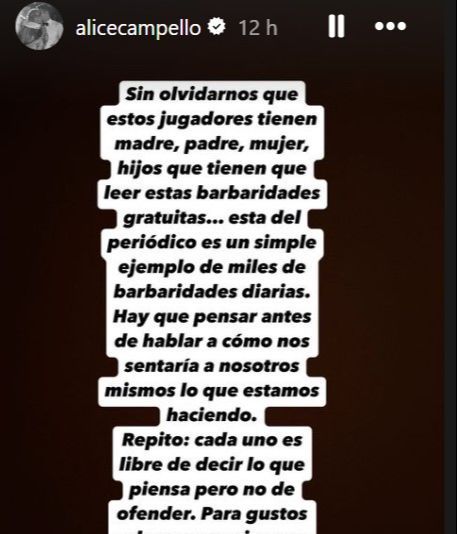 Captura de pantalla del storie de Alice Campello.