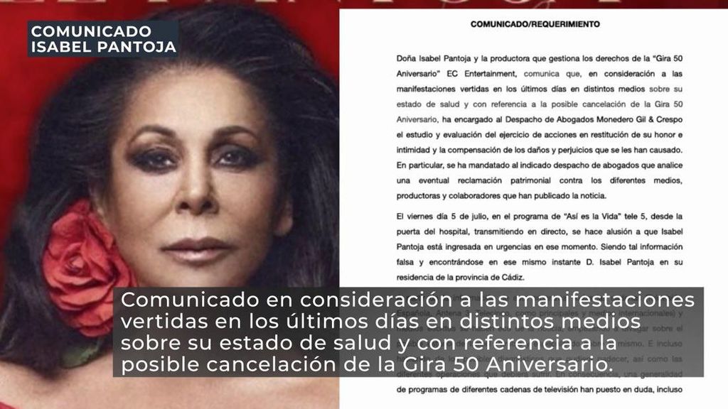 El comunicado de Isabel Pantoja: tomará acciones legales por las "especulaciones" sobre su estado de salud