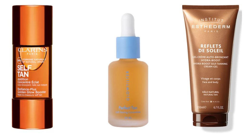 Autobronceador Addition Concentré Éclat Visage de Clarins (26,99 €), Perfect Tan de Glowfilter (30 €), Reflets de Soleil de Institut Esthederm (45 €)