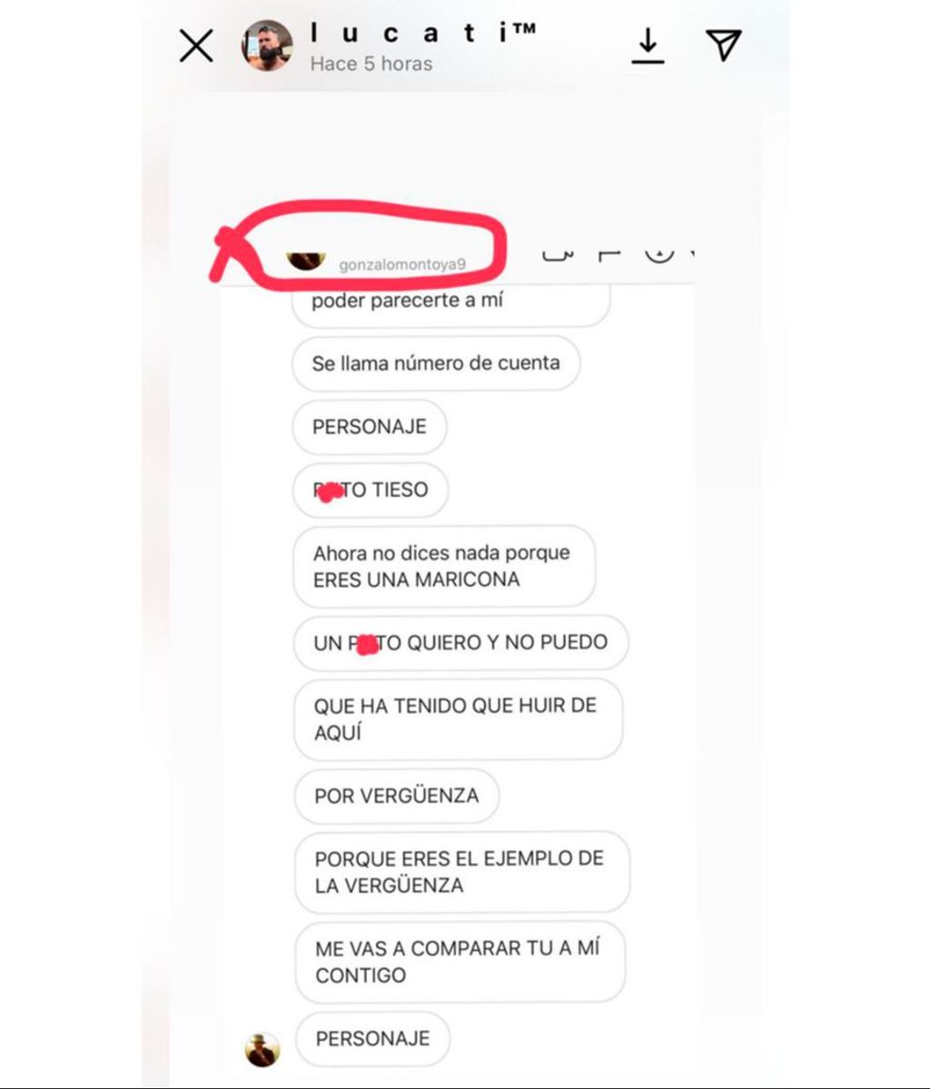 Luis comparte el user de Gonzalo Montoya y una captura de pantalla con los mensajes que habría recibido de su parte