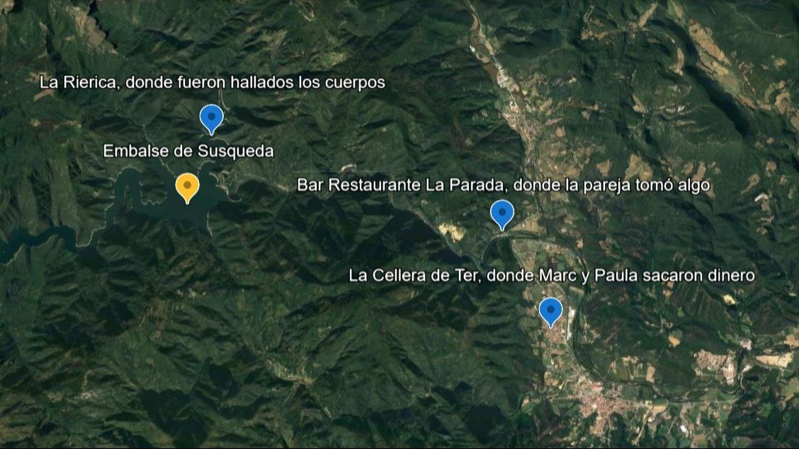 Mapa con los datos del crimen de Marc y Paula en el pantano de Susqueda
