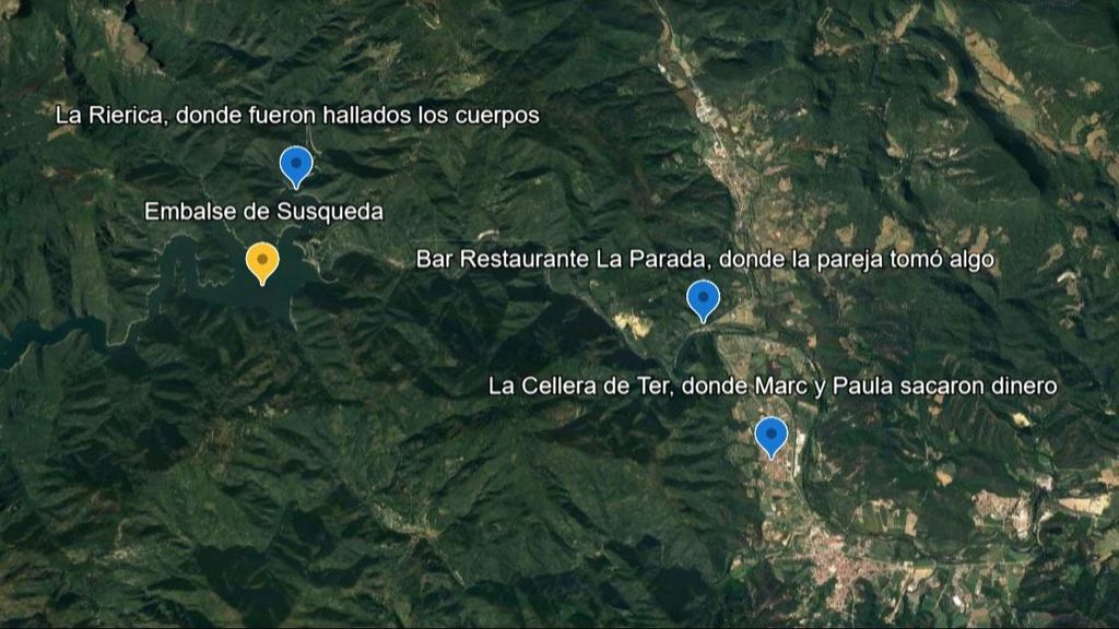 Mapa con los datos del crimen de Marc y Paula en el pantano de Susqueda