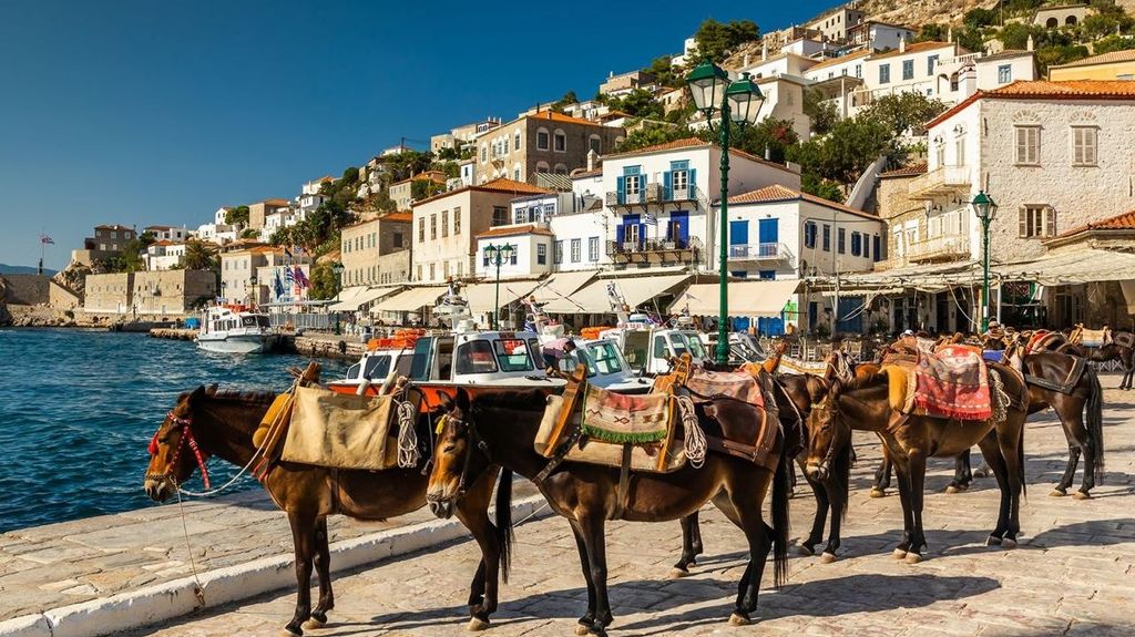 Burros como medio de transporte habitual en Hidra, Grecia