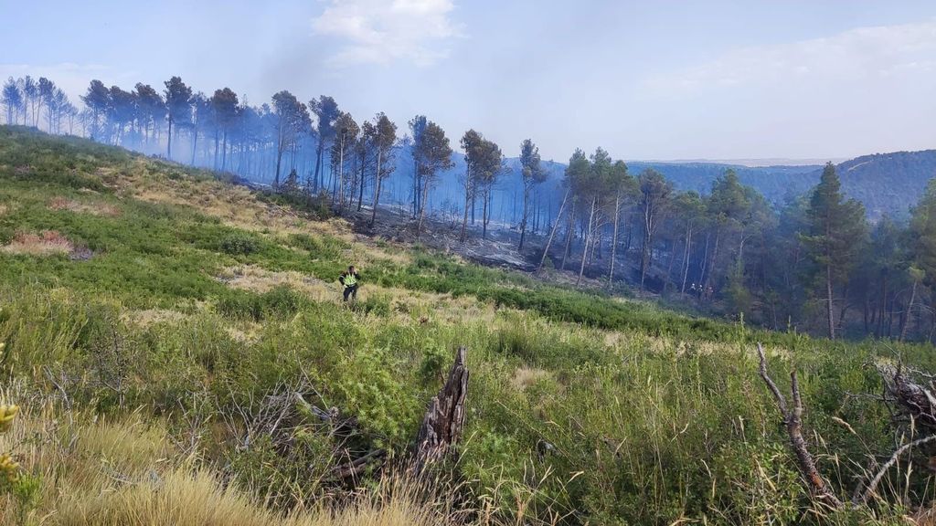 Los bomberos trabajan en la extinción de un incendio forestal originado por un rayo en Cáseda, en Navarra