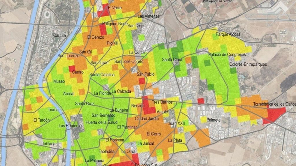 Mapa con los barrios de Sevilla.