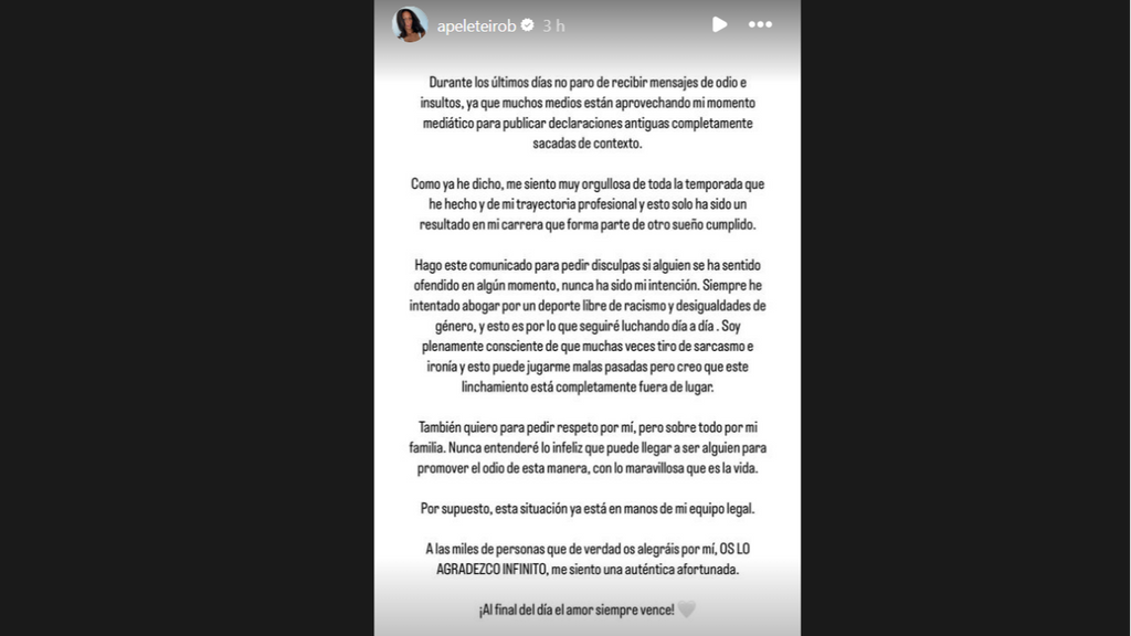 Comunicado de Ana Peleteiro difundido en su cuenta de Instagram