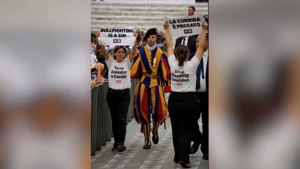 Carteles y camisetas antitaurinas en media de una audiencia del papa en el Vaticano