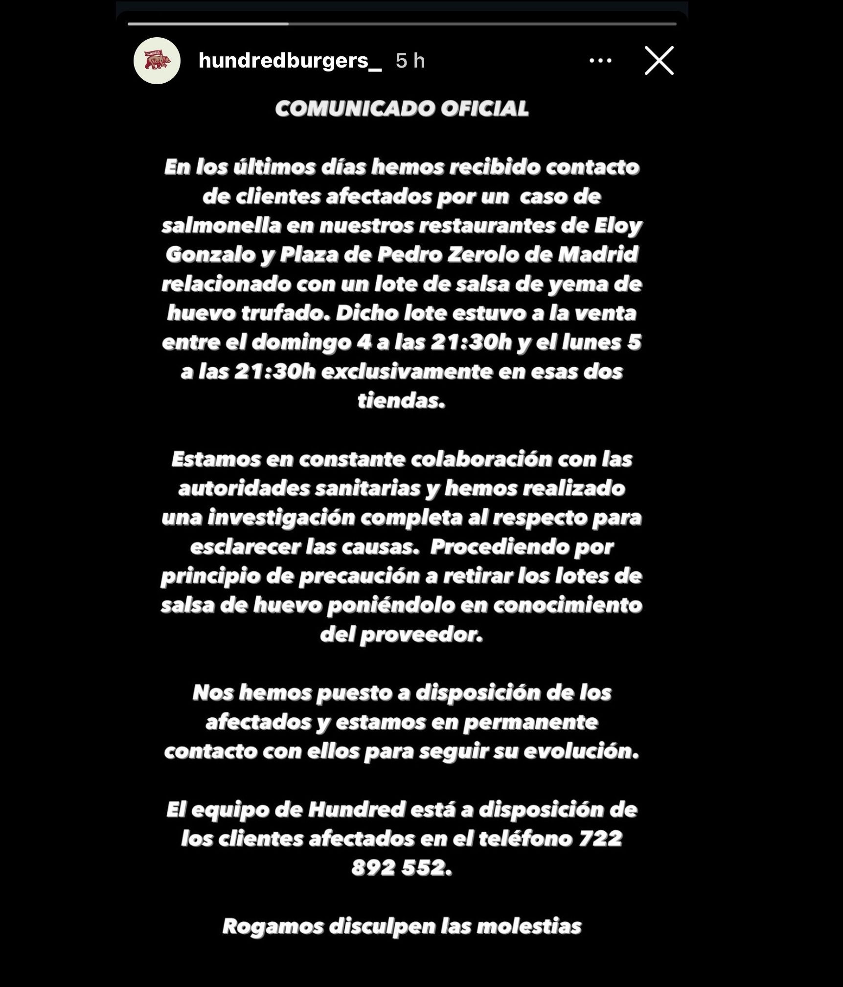 Captura  del comunicado oficial de Hundred a través de Instagram