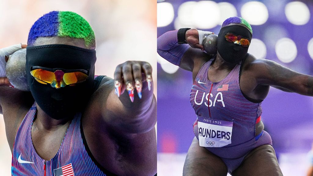 La atleta Raven Saunders con un pasamontañas y unas gafas de sol.