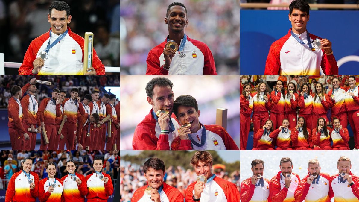 De izquierda a derecha y de arriba abajo: Ayoub Ghadfa; Jordan Díaz; Carlos Alcaraz; la selección masculina de fútbol; Álvaro Martín y María Pérez; la femenina femenina de waterpolo; el equipo de baloncesto 3x3; Diego Botín y Florian Trittel; y el K4