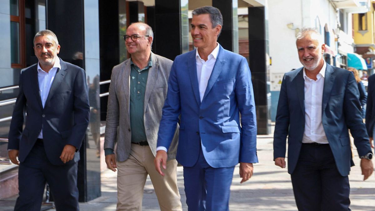 El presidente del Gobierno, Pedro Sánchez (2d), acompañado por el ministro de Política Territorial y Memoria Democratica, Ángel Víctor Torres (d) y el delegado del Gobierno en Canarias, Anselmo Pestana (2i)