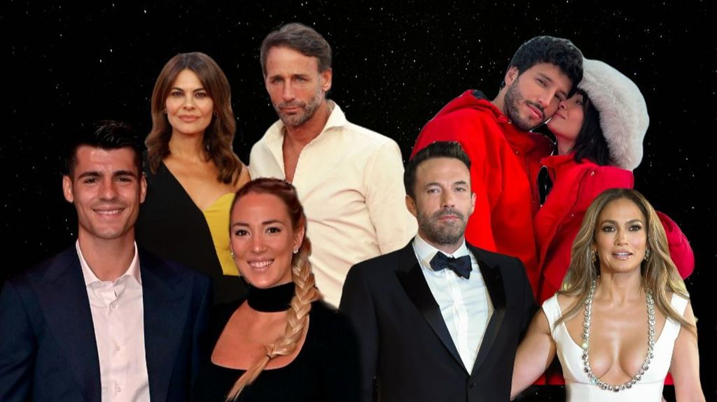 Álvaro Muñoz Escassi y María José Suárez, Aitana y Sebastián Yatra, Jennifer Lopez y Ben Affleck y Alice Campello y Álvaro Morata en un fotomontaje de la web de Informativos Telecinco.