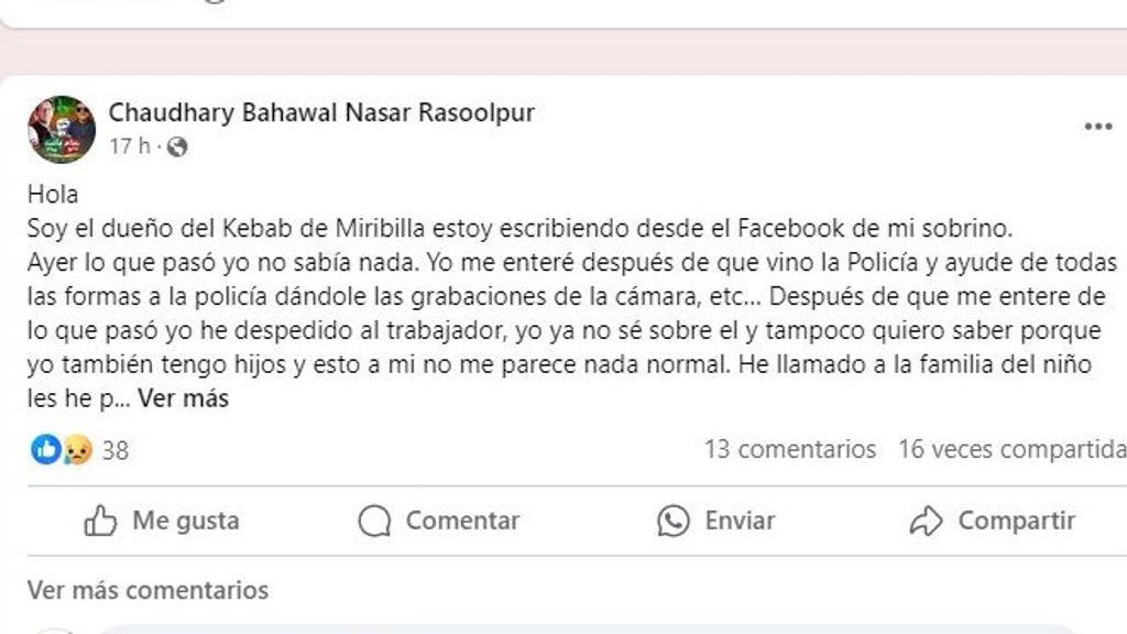 Comunicado que lanzó ayer el dueño del kebab  en la red social Facebook