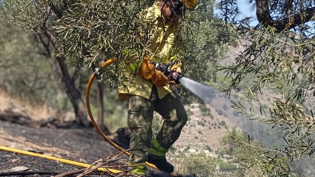 Un efectivo del Plan Infoca trabaja sobre el terreno para sofocar el incendio.