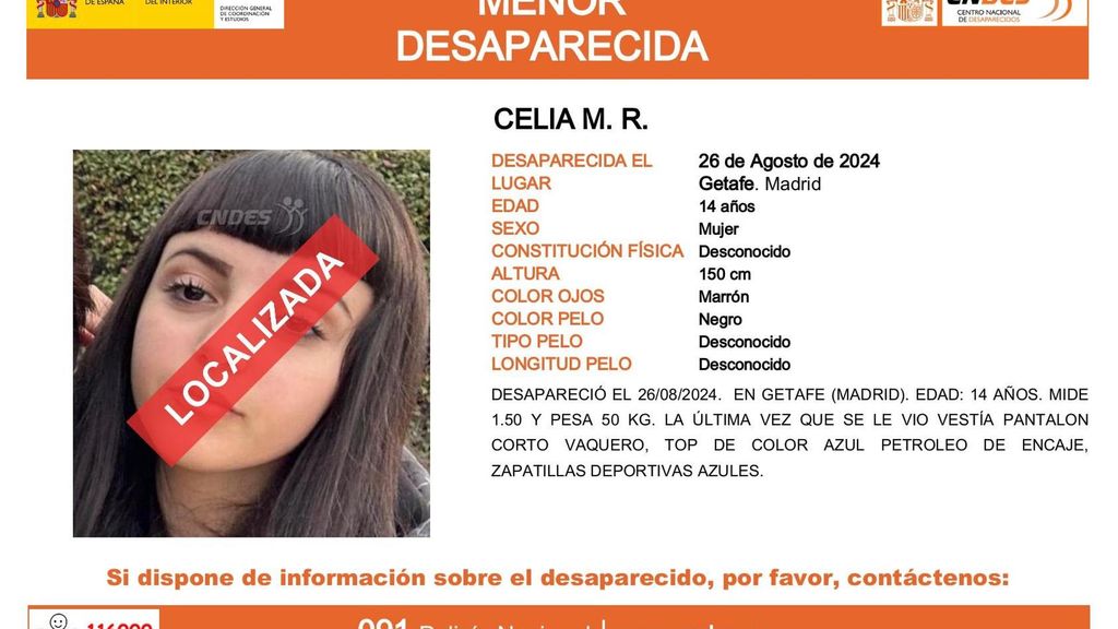 Localizan a una adolescente de 14 años desaparecida desde el pasado lunes en Getafe