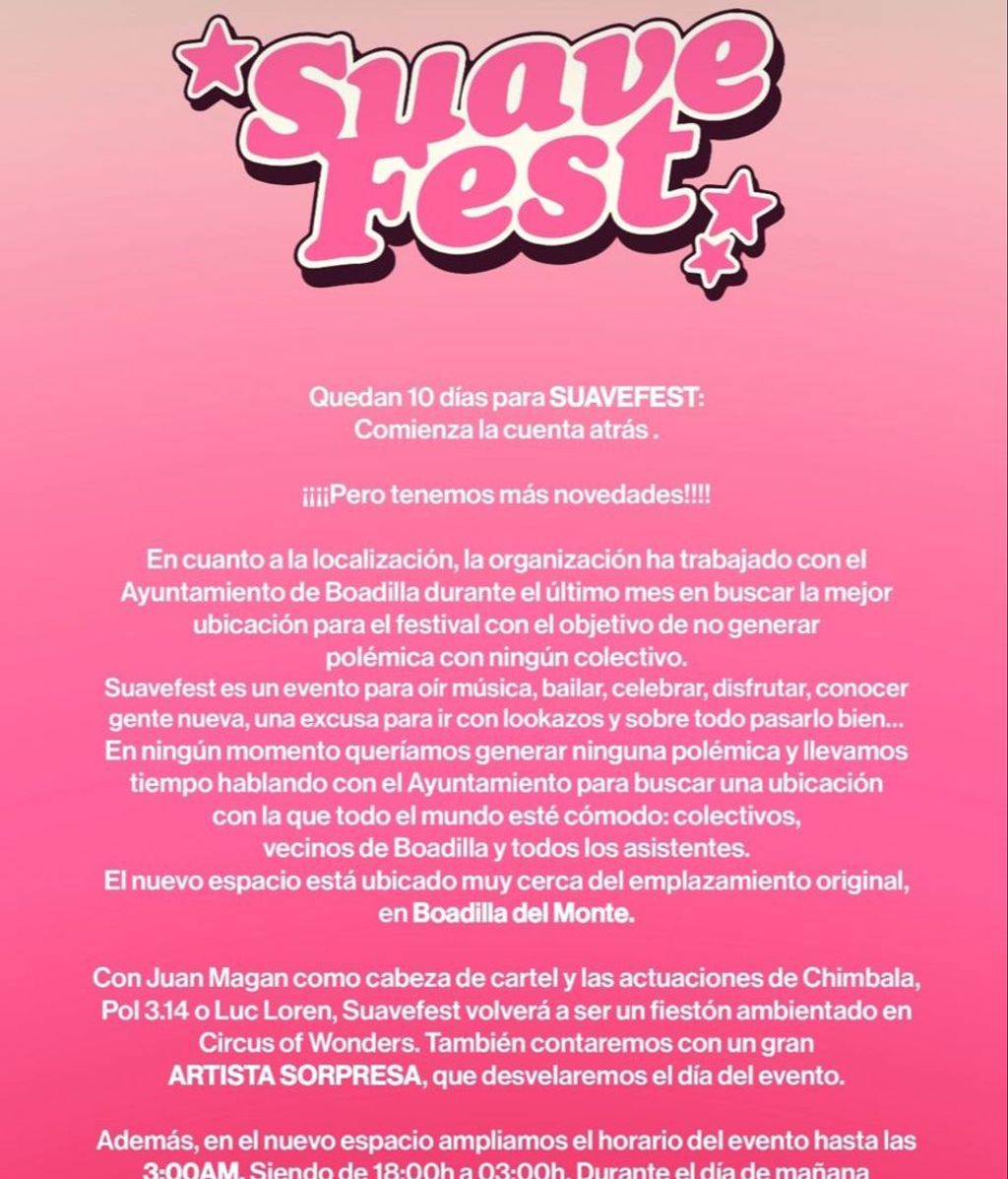 Captura de pantalla del comunicado de SuavesFest.