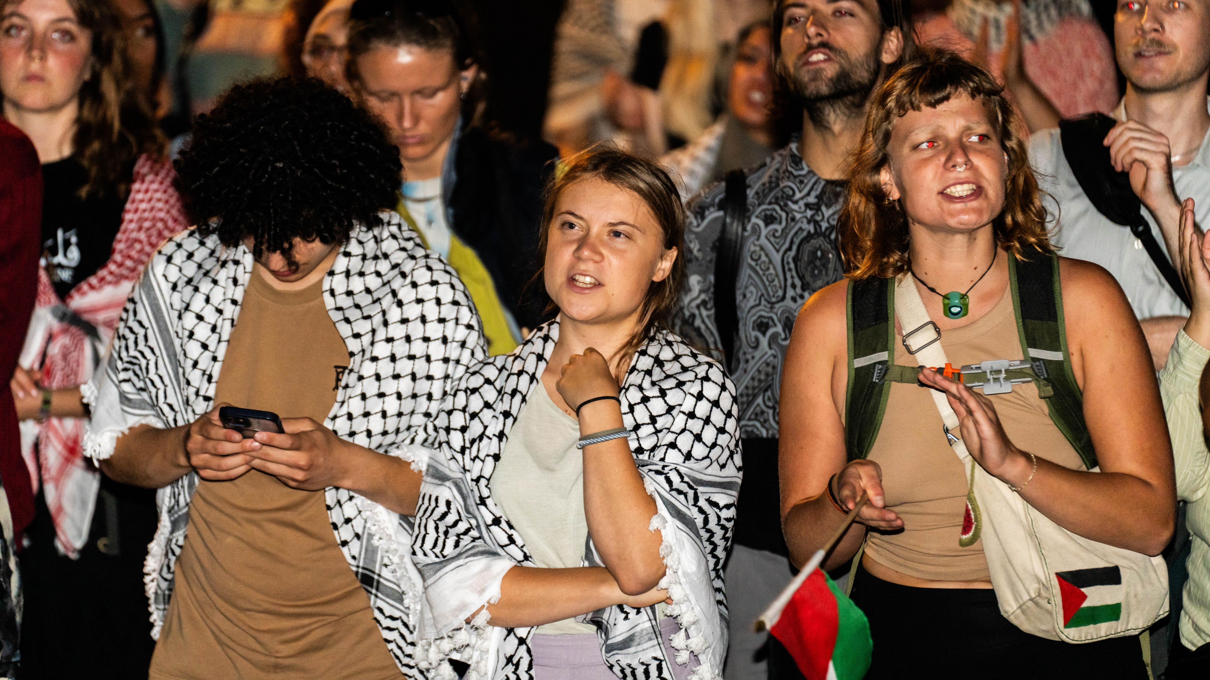 La activista Greta Thunberg, durante una protesta en la Universidad de Copenhague contra la ofensiva militar de Israel