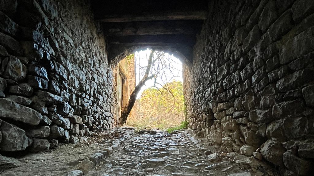 Calle empedrada en un pueblo medieval pirenaico