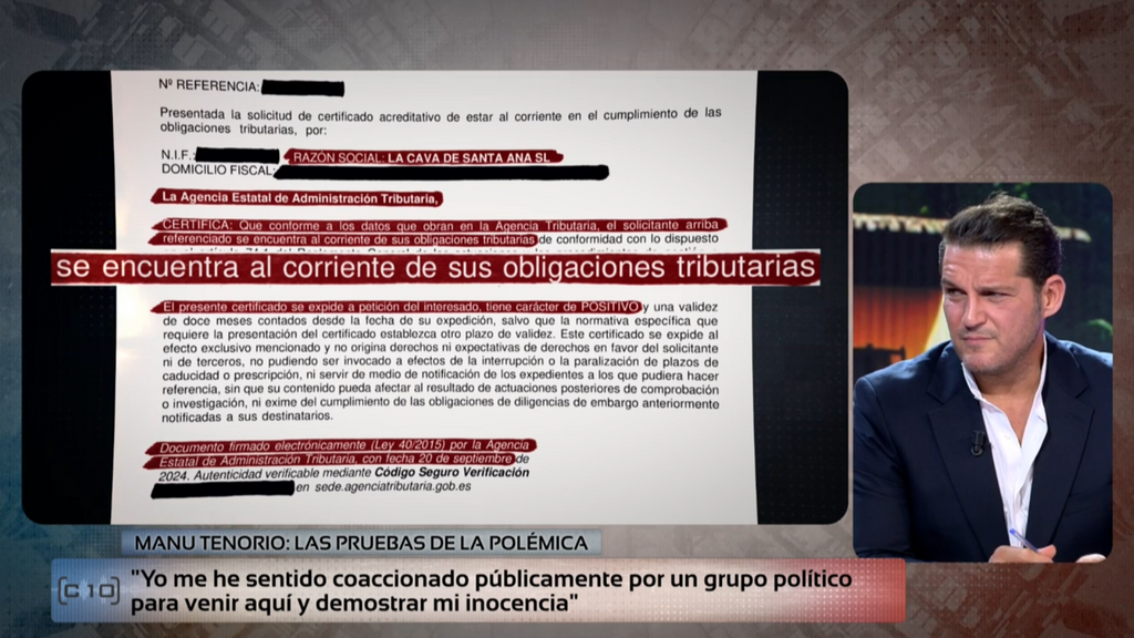 Manu Tenorio trae a 'Código 10' un certificado de la Agencia Tributaria para demostrar que no tiene deudas con Hacienda