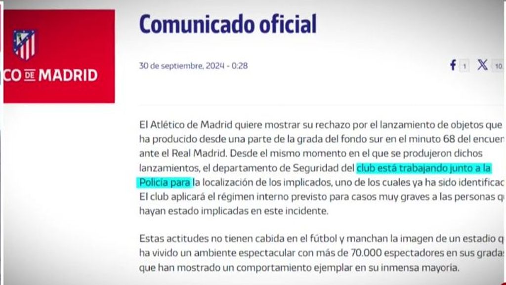 El comunicado del Atlético de Madrid