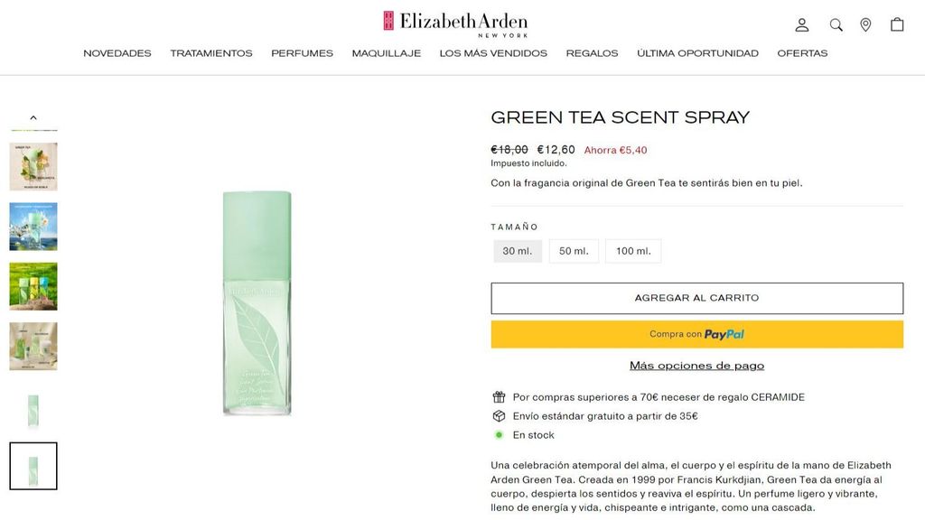 Captura de de la web de Elisabeth Arden con el perfume 'Green Tea'