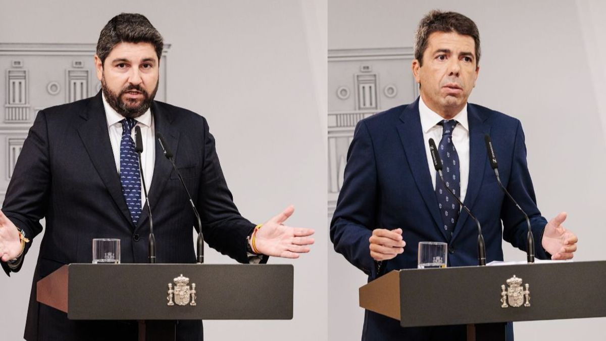 Los presidentes de Murcia y de la Comunidad Valenciana, Fernando López Miras (i) y Carlos Mazón (d), en su comparecencia en la Moncloa