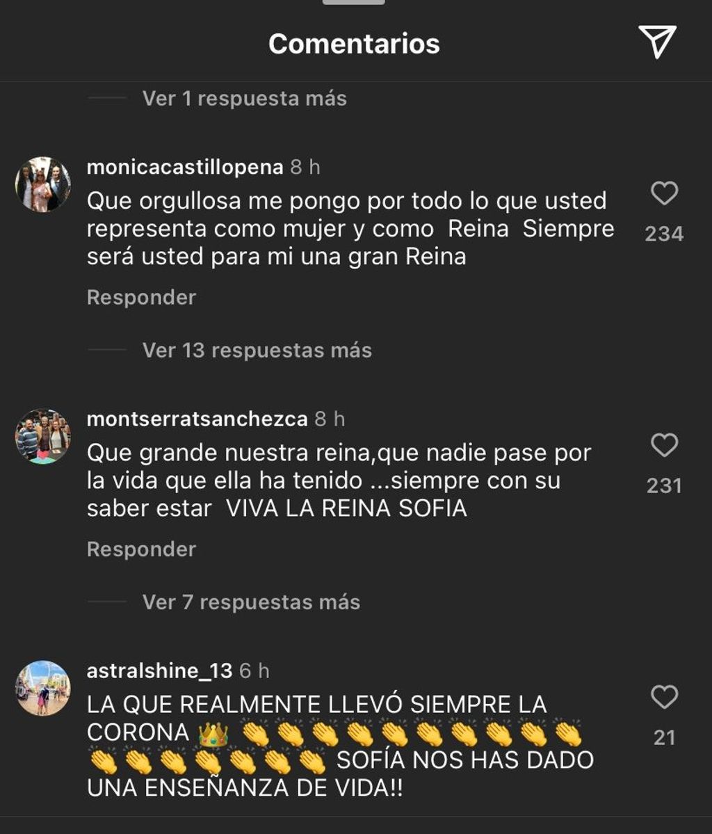 Captura de los comentarios que ha recibido la reina Sofía en redes sociales