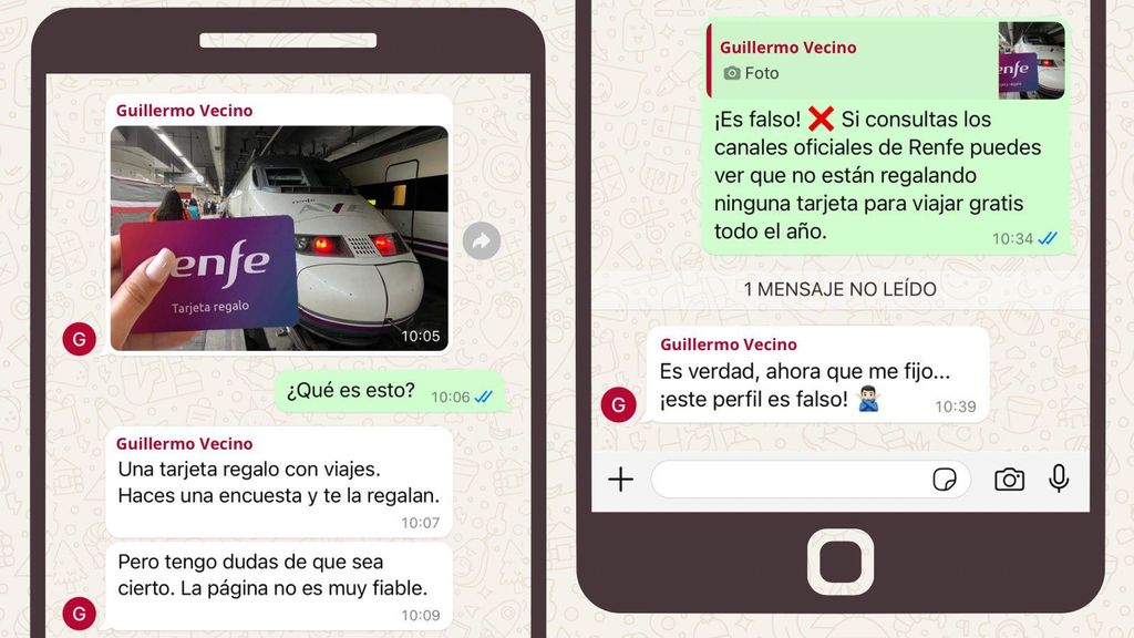 Capturas compartidas por Renfe, que dan cuenta de la estafa que circula utilizando su imagen