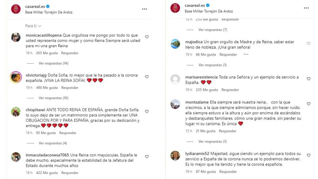 Comentarios de apoyo a la reina Sofía en redes sociales