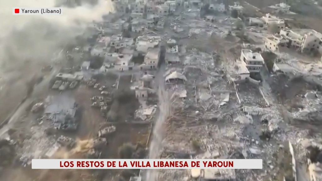 Un dron muestra desde el aire la destrucción total de la aldea de Yaroun, al sur de Líbano