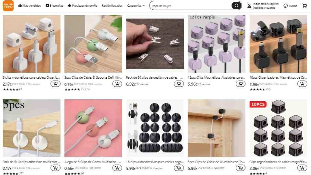 Captura clips de cable en la web de Temu