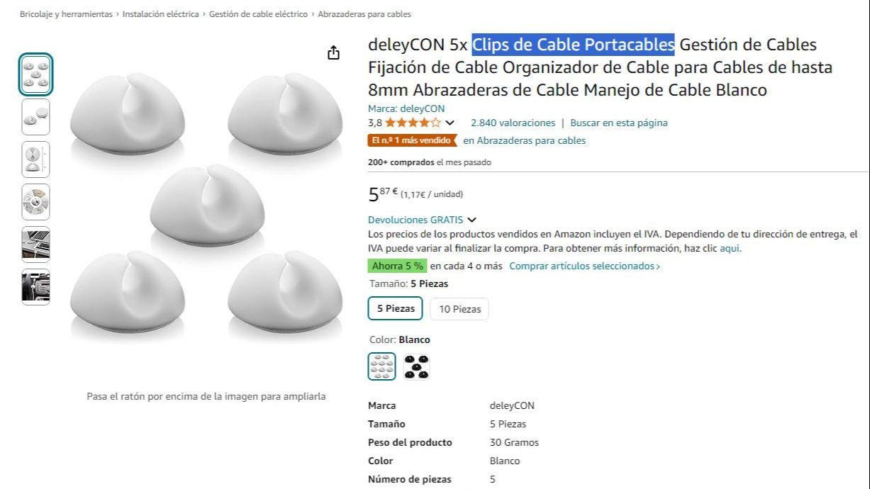Captura de gadget portacables en Amazon