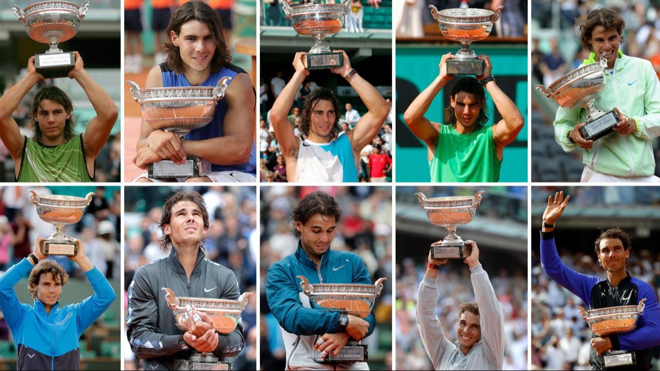 Rafael Nadal posando con trofeos a lo largo de los años Rafael Nadal posando con trofeos a lo largo de los años