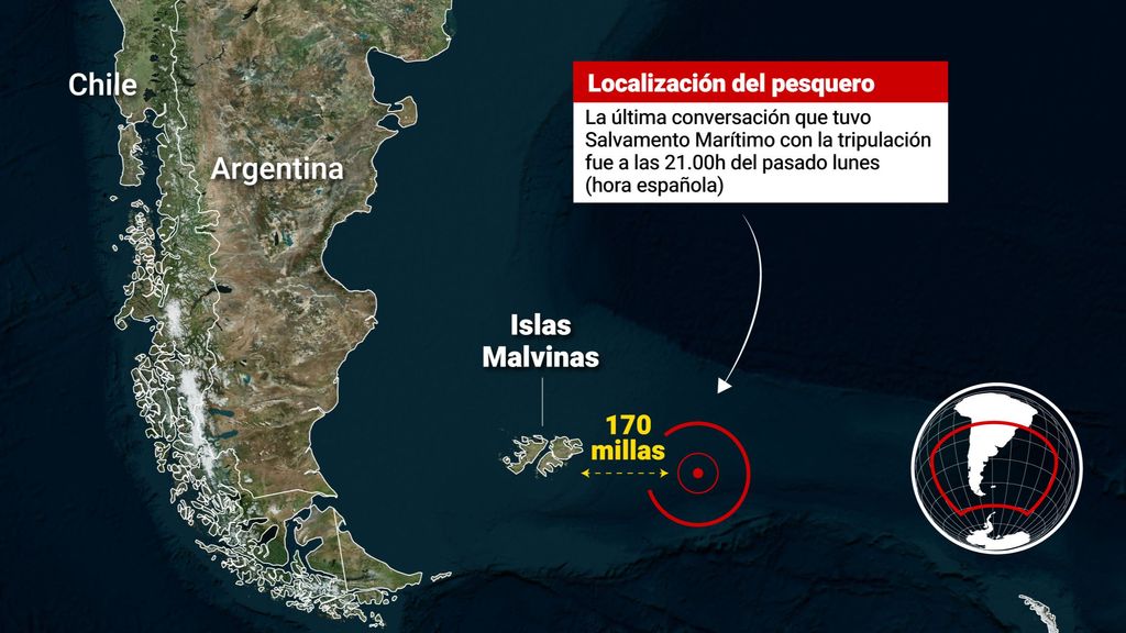 Infografía con la localización del pesquero 'Arcos Georgia' naufragado en las proximidades de las islas Malvinas