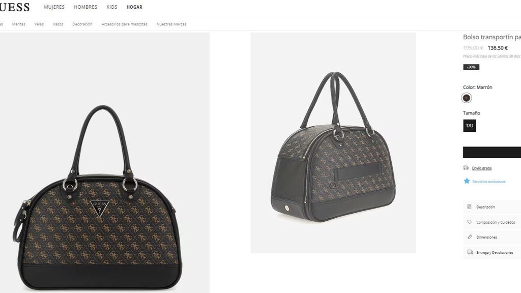 Captura de bolso transportín en la web de Guess