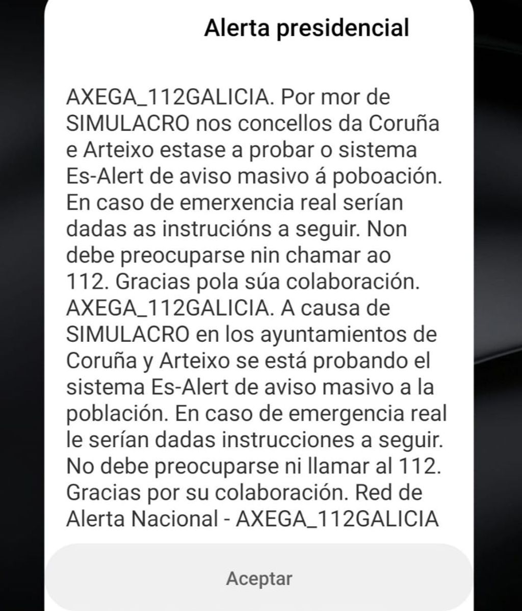 Mensaje enviado de forma masiva a los vecinos y vecinas de A Coruña y Arteixo este martes, 15 de octubre