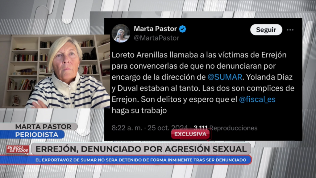 Marta Pastor y el tuit en el que asegura que desde Sumar conocían las supuestas prácticas del exportavoz