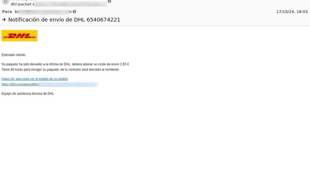 Archivo - Imagen del correo fraudulento en el que se suplanta a DHL para intentar acceder a los datos bancarios de las víctimas