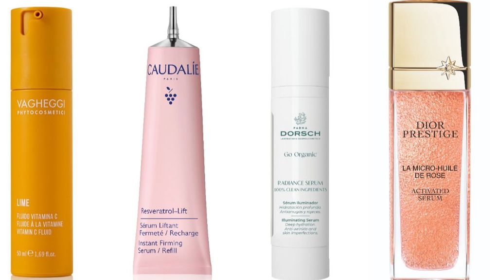 Fluido Vitamina C de Vagheggi (57 €), Sérum Lifting Firmeza de Caudalie, con resveratrol (42,90 €), Radiance sérum, de Farma Dorsch, por las microalgas (49 €) y Prestige Micro Huile de Rose, de Dior, cuajado de omegas (395 €).