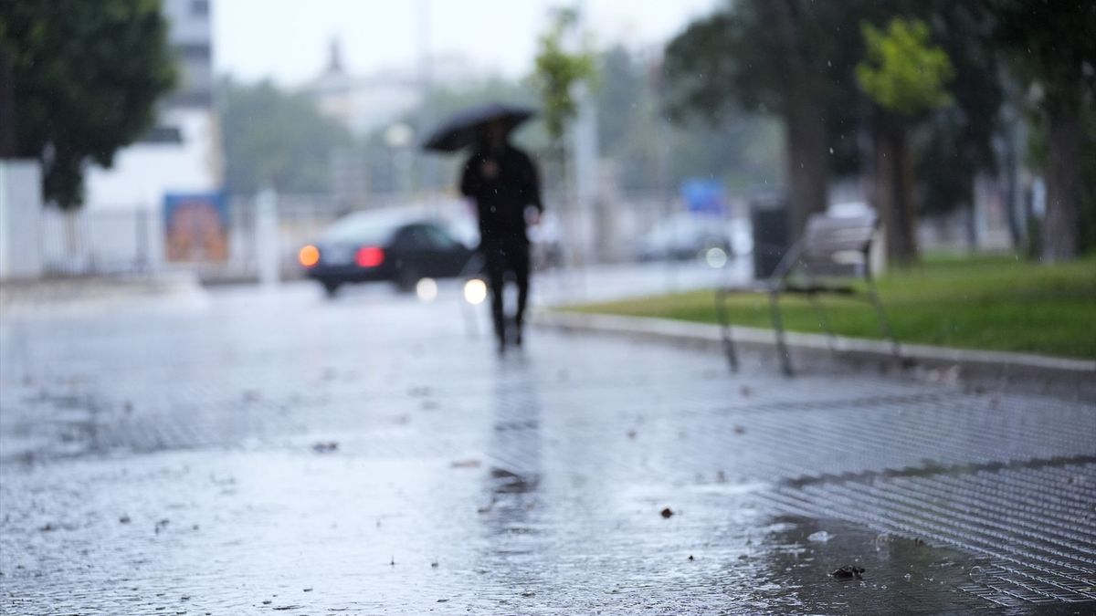 Transeuntes bajo sus paraguas durante la intensa lluvia. A 11 de octubre de 2024, en Cádiz (Andalucía, España)