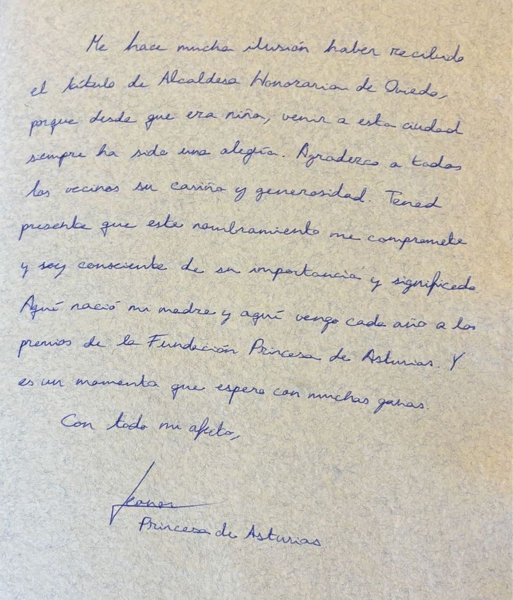 Texto escrito por Leonor al recibir el título de Alcaldesa Honoraria de Oviedo