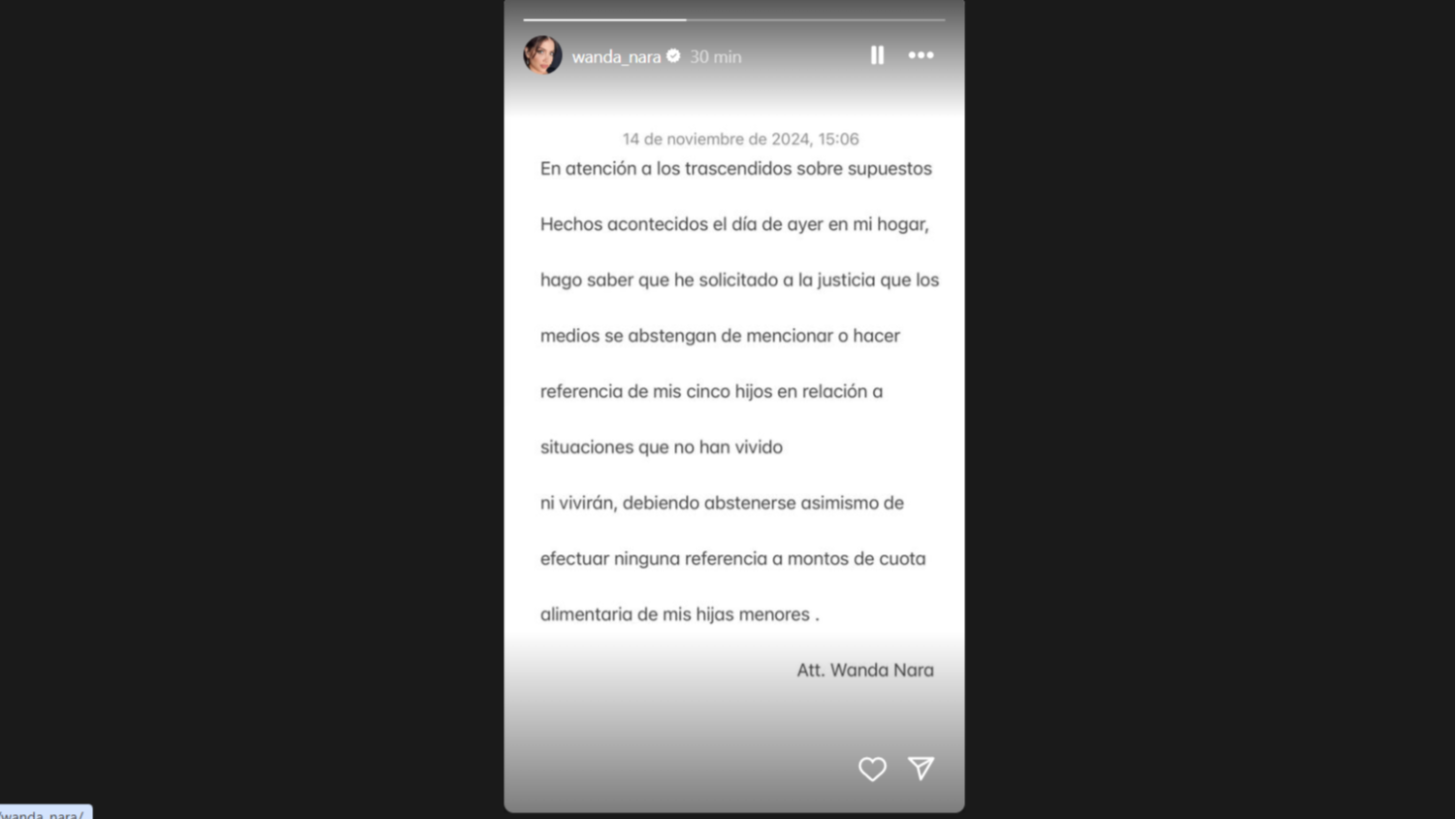 El comunicado de Wanda Nara en Instagram