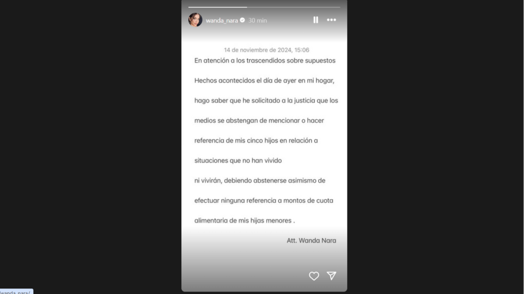 El comunicado de Wanda Nara en Instagram