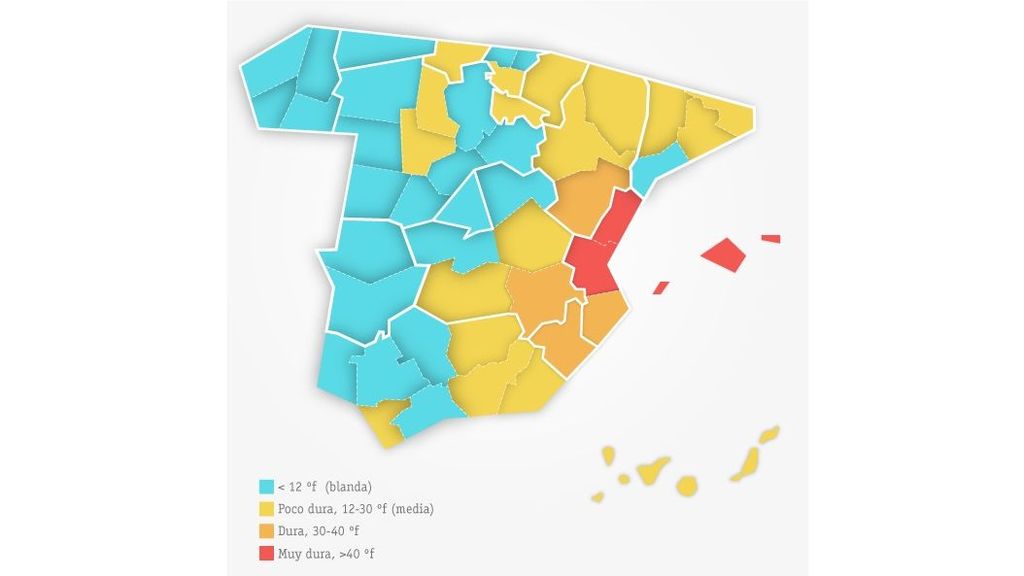 Mapa de la dureza del agua por provincias de la OCU